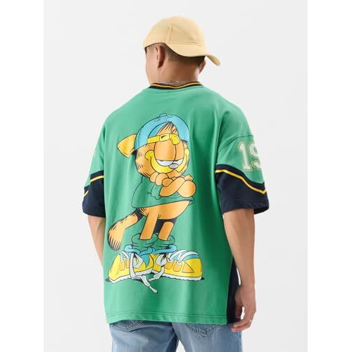 The Souled Store Official Garfield Sporty Cat Mens And Boys Oversized Fit Half Sleeve Camp Collar Vneck Graphic Movie Themed Cartoon Front|Back Printed 100% Cotton Bright Multi Color T-Shirts