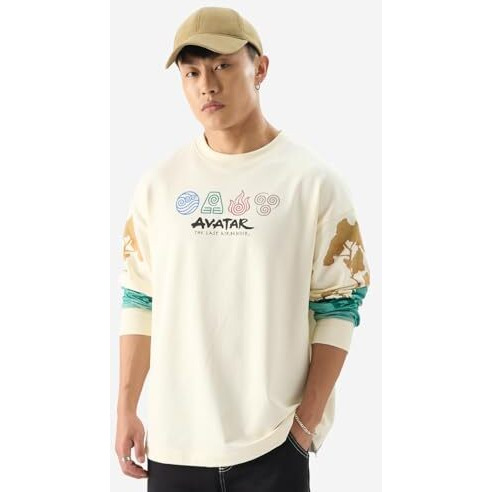 The Souled Store Official Avatar Aang And Appa Round Neck Beige Graphic Print 100% Cotton Oversized Fit Full Sleeve T-Shirts Oversized Men's T-Shirts Graphic Tees Casual Fashion Relaxed Fit Full