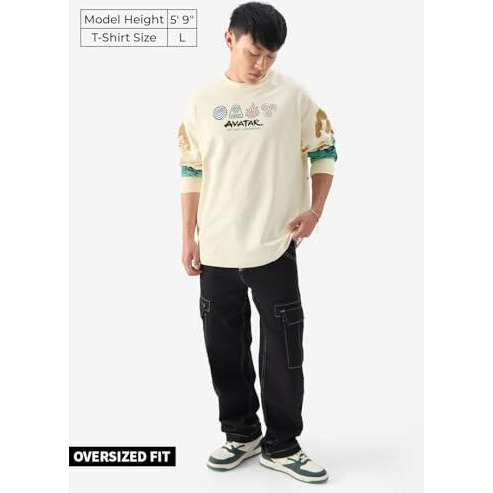 The Souled Store Official Avatar Aang And Appa Round Neck Beige Graphic Print 100% Cotton Oversized Fit Full Sleeve T-Shirts Oversized Men's T-Shirts Graphic Tees Casual Fashion Relaxed Fit Full