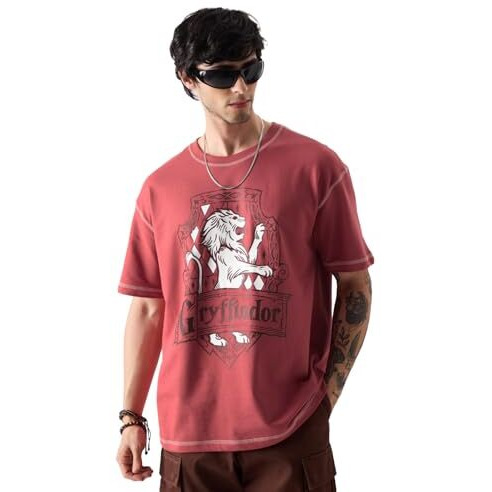The Souled Store Official Harry Potter Gryffindor Gang Men And Boys Oversize Fit Half Sleeve Round Neck Mandarin Collar Graphic Printed Stylish Casualwear 100% Cotton Comfortable Maroon Color T-Shirt