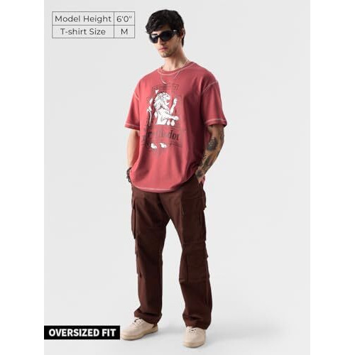 The Souled Store Official Harry Potter Gryffindor Gang Men And Boys Oversize Fit Half Sleeve Round Neck Mandarin Collar Graphic Printed Stylish Casualwear 100% Cotton Comfortable Maroon Color T-Shirt
