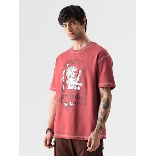 The Souled Store Official Harry Potter Gryffindor Gang Men And Boys Oversize Fit Half Sleeve Round Neck Mandarin Collar Graphic Printed Stylish Casualwear 100% Cotton Comfortable Maroon Color T-Shirt