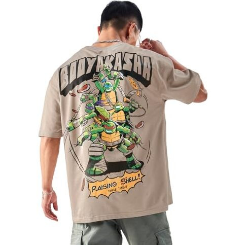 The Souled Store Official Tmnt Booyashaka Mens And Boys Oversized Fit Graphic Printed Half Sleeve Cotton Light Brown Color Oversized T-Shirts (238920_Xxl_Light Brown)