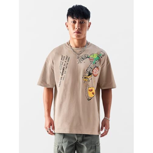 The Souled Store Official Tmnt Booyashaka Mens And Boys Oversized Fit Graphic Printed Half Sleeve Cotton Light Brown Color Oversized T-Shirts (238920_Xxl_Light Brown)