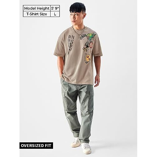 The Souled Store Official Tmnt Booyashaka Mens And Boys Oversized Fit Graphic Printed Half Sleeve Cotton Light Brown Color Oversized T-Shirts (238920_Xxl_Light Brown)