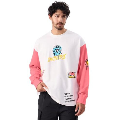 The Souled Store Official Iron-Man Graffiti Round Neck 100% Cotton Graphic Print Oversized Fit Full Sleeve T-Shirts White