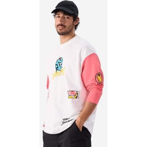 The Souled Store Official Iron-Man Graffiti Round Neck 100% Cotton Graphic Print Oversized Fit Full Sleeve T-Shirts White