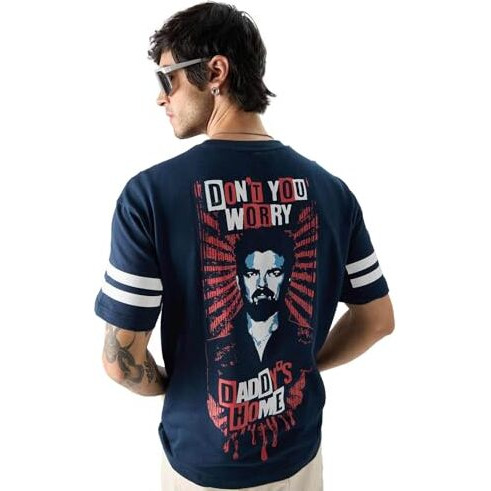 The Souled Store Officialthe Boys Daddy's Homeoversized T-Shirts Oversized T Shirts For Men T-Shirt Boys Cotton Casual Half Sleeves Baggy Loose Fit Drop Shoulder Round Neck Back Printed Tshirt Blue