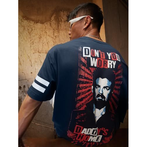 The Souled Store Officialthe Boys Daddy's Homeoversized T-Shirts Oversized T Shirts For Men T-Shirt Boys Cotton Casual Half Sleeves Baggy Loose Fit Drop Shoulder Round Neck Back Printed Tshirt Blue