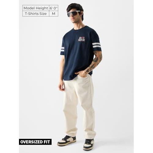 The Souled Store Officialthe Boys Daddy's Homeoversized T-Shirts Oversized T Shirts For Men T-Shirt Boys Cotton Casual Half Sleeves Baggy Loose Fit Drop Shoulder Round Neck Back Printed Tshirt Blue