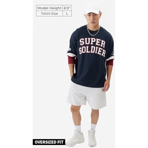 The Souled Store Captain America The Super Soldier Oversized Full Sleeve T-Shirts Blue Oversized T Shirts For Cotton Casual Half Sleeves Baggy Loose Fit Drop Shoulder Round Neck Back Printed Tshirt