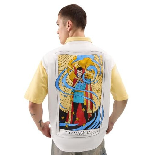The Souled Store Official Tarot Doctor Strange Men And Boys Short Sleeve Collared Neck White And Yellow Graphic Printed Cotton Oversized Zipper Polos