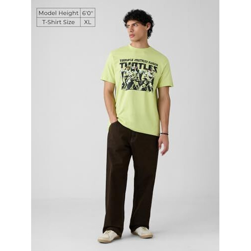 The Souled Store Official Tmnt The Squad Mens Regular Fit Half Sleeve Graphic Printed Cotton Off Green Color T-Shirt