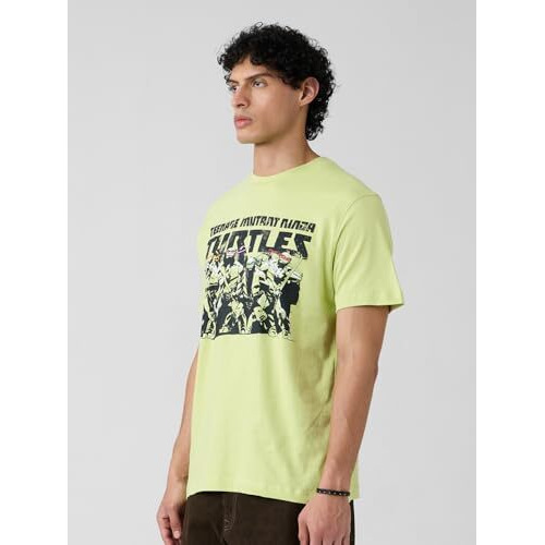 The Souled Store Official Tmnt The Squad Mens Regular Fit Half Sleeve Graphic Printed Cotton Off Green Color T-Shirt