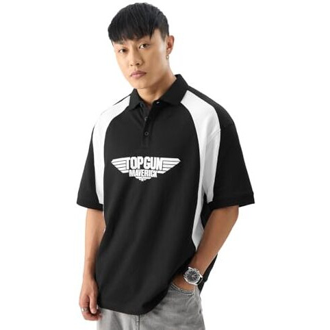 The Souled Store Official Top Gun Maverick Men And Boys Short Sleeve Black Graphic Print Oversized Fit Polos Oversized Polo T-Shirts Relaxed Fit Drop Shoulder T-Shirts Loose Men's Collared T-Shirt