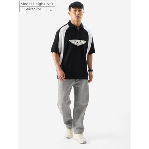 The Souled Store Official Top Gun Maverick Men And Boys Short Sleeve Black Graphic Print Oversized Fit Polos Oversized Polo T-Shirts Relaxed Fit Drop Shoulder T-Shirts Loose Men's Collared T-Shirt