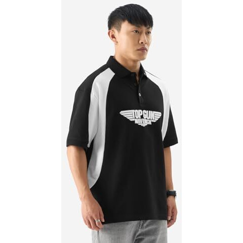The Souled Store Official Top Gun Maverick Men And Boys Short Sleeve Black Graphic Print Oversized Fit Polos Oversized Polo T-Shirts Relaxed Fit Drop Shoulder T-Shirts Loose Men's Collared T-Shirt