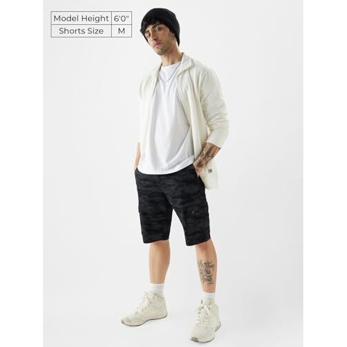 The Souled Store Black Camo Men Regular Fit Cotton Cargo Shorts Sweatshorts Men's Sweat Shorts Athletic Lounge Gym Running Workout French Terry Cotton Drawstring Elastic Waist Casual Comfortable