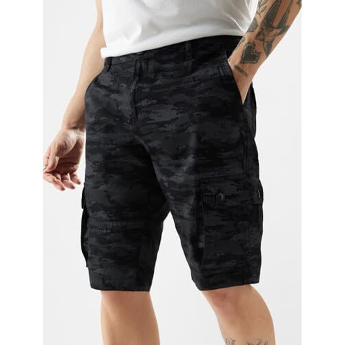 The Souled Store Black Camo Men Regular Fit Cotton Cargo Shorts Sweatshorts Men's Sweat Shorts Athletic Lounge Gym Running Workout French Terry Cotton Drawstring Elastic Waist Casual Comfortable