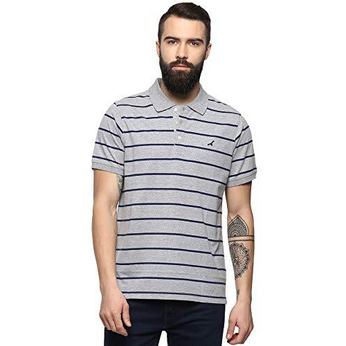 American Crew Cottonpoly Striped Polo T-Shirt For Men (Ac843-L_Grey Melange & Navy Blue)