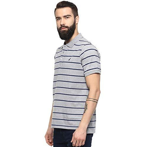 American Crew Cottonpoly Striped Polo T-Shirt For Men (Ac843-L_Grey Melange & Navy Blue)