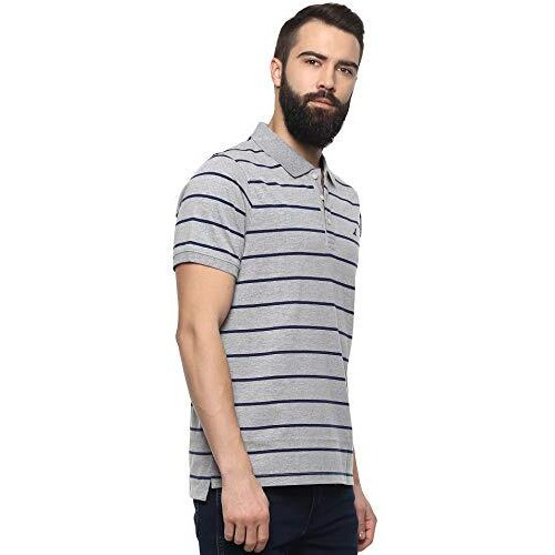 American Crew Cottonpoly Striped Polo T-Shirt For Men (Ac843-L_Grey Melange & Navy Blue)
