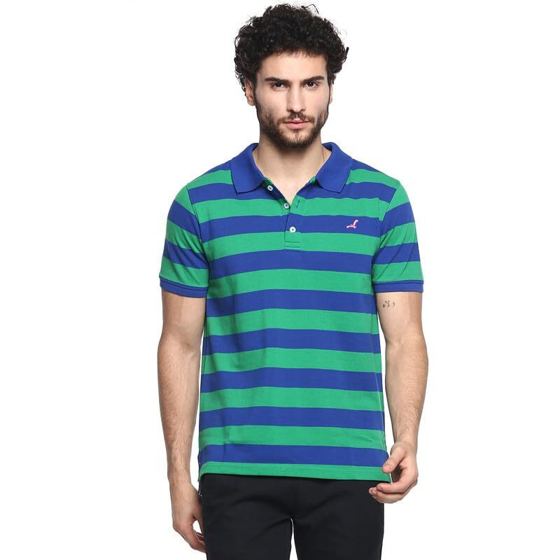 American Crew Cottonpoly Striped Polo T-Shirt For Men (Ac700-L_Green & Blue)