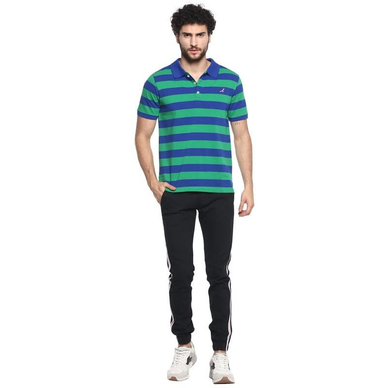 American Crew Cottonpoly Striped Polo T-Shirt For Men (Ac700-L_Green & Blue)
