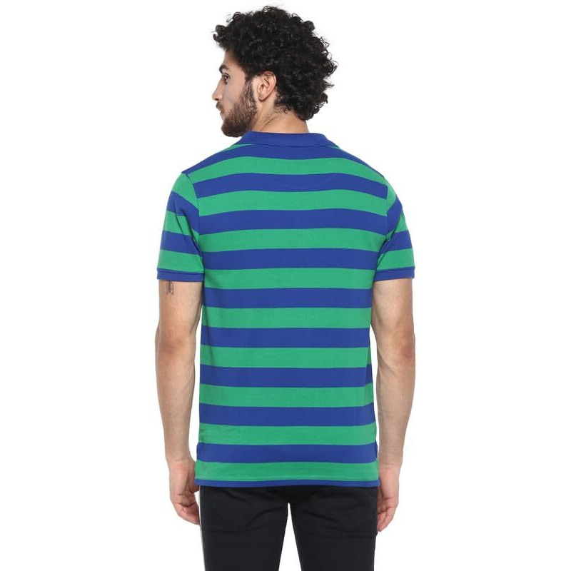 American Crew Cottonpoly Striped Polo T-Shirt For Men (Ac700-L_Green & Blue)