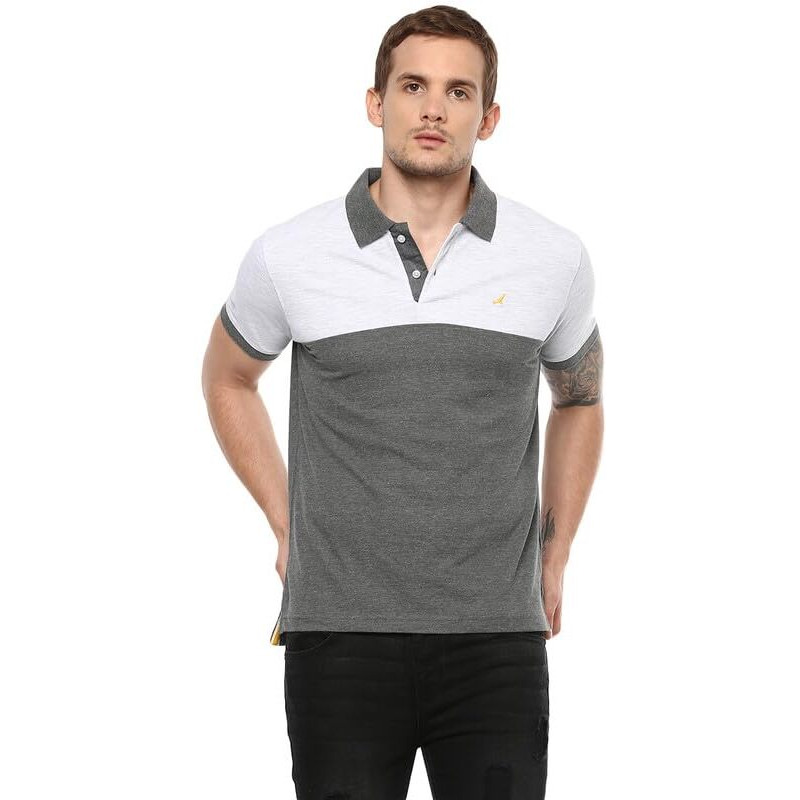 American Crew Men's Polo T-Shirt (Ac164-L_Ecru Melange & Charcoal Melange)