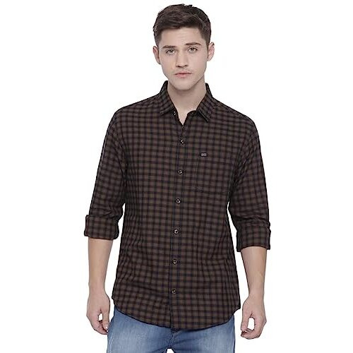 The Indian Garage Co Men's Checkered Slim Fit Casual Shirt (1218-Sh06-03_Khakhi M-102Cm)