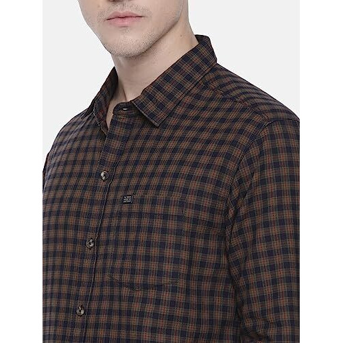 The Indian Garage Co Men's Checkered Slim Fit Casual Shirt (1218-Sh06-03_Khakhi M-102Cm)