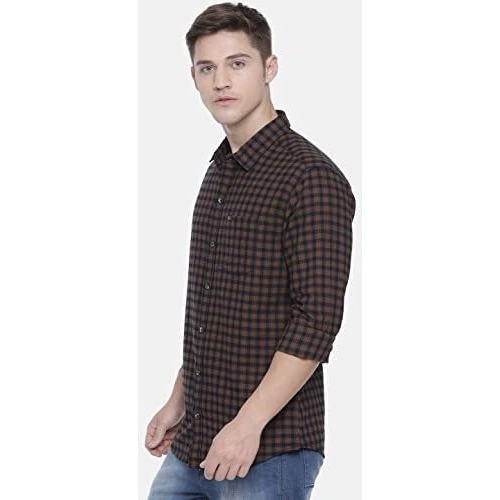 The Indian Garage Co Men's Checkered Slim Fit Casual Shirt (1218-Sh06-03_Khakhi M-102Cm)
