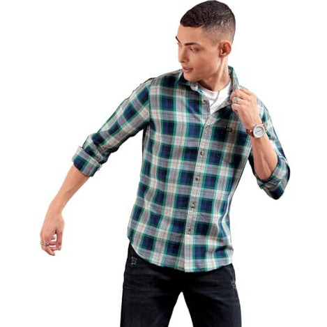The Indian Garage Co Men's Checkered Slim Fit Casual Shirt (0219-Sh01-14_Green & Navy M-102Cm)