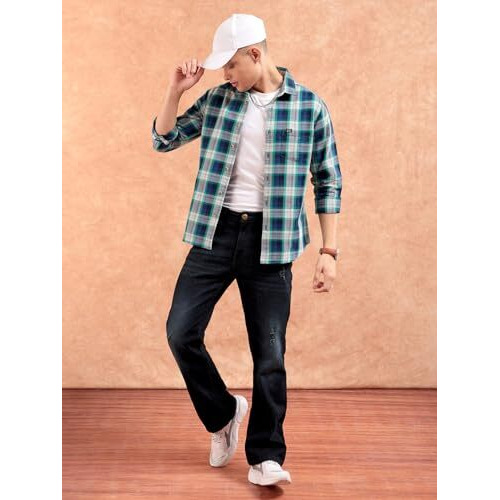 The Indian Garage Co Men's Checkered Slim Fit Casual Shirt (0219-Sh01-14_Green & Navy M-102Cm)