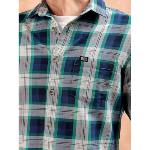 The Indian Garage Co Men's Checkered Slim Fit Casual Shirt (0219-Sh01-14_Green & Navy M-102Cm)