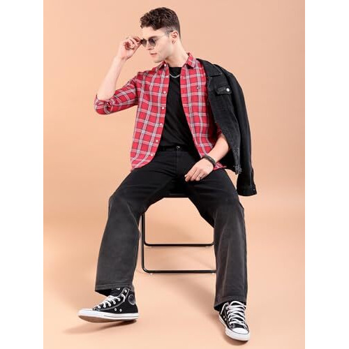 The Indian Garage Co Men's Checkered Slim Shirt (0620-Sh44-01_Red Medium)