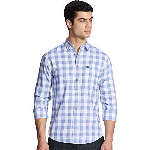 The Indian Garage Co Men's Checkered Slim Shirt (0620-Sh44-13_White & Blue Medium)