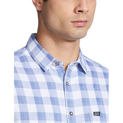 The Indian Garage Co Men's Checkered Slim Shirt (0620-Sh44-13_White & Blue Medium)