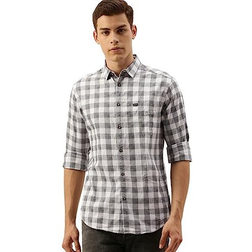 The Indian Garage Co Men's Checkered Slim Shirt (0620-Sh44-14_White & Black X-Large)