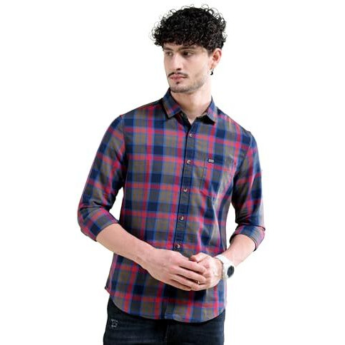 The Indian Garage Co Men's Checkered Slim Shirt (0620-Sh44-28_Navy Blue Medium)