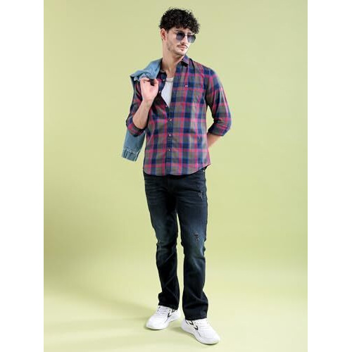 The Indian Garage Co Men's Checkered Slim Shirt (0620-Sh44-28_Navy Blue Medium)