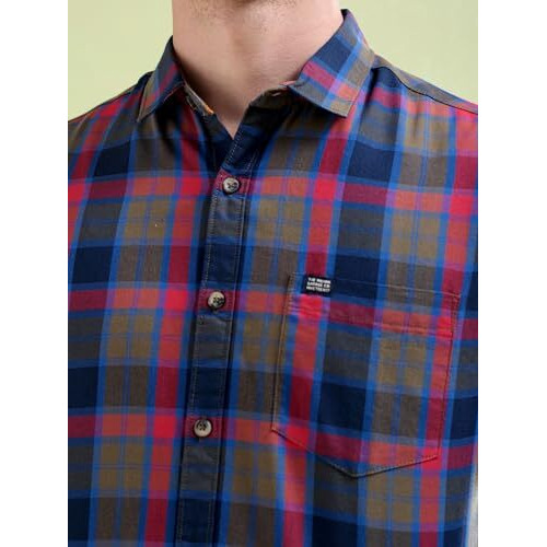 The Indian Garage Co Men's Checkered Slim Shirt (0620-Sh44-28_Navy Blue Medium)