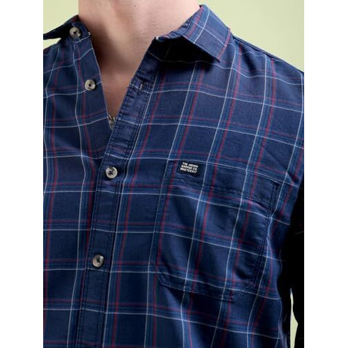 The Indian Garage Co Men's Checkered Slim Shirt (0620-Sh44-48_Navy Blue Medium)