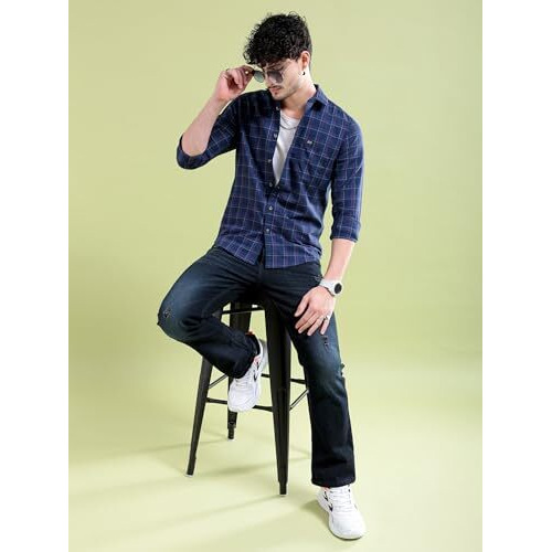 The Indian Garage Co Men's Checkered Slim Shirt (0620-Sh44-48_Navy Blue Medium)