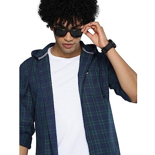 The Indian Garage Co Men's Checkered Slim Shirt (0620-Sh50-06_Navy Blue Large)