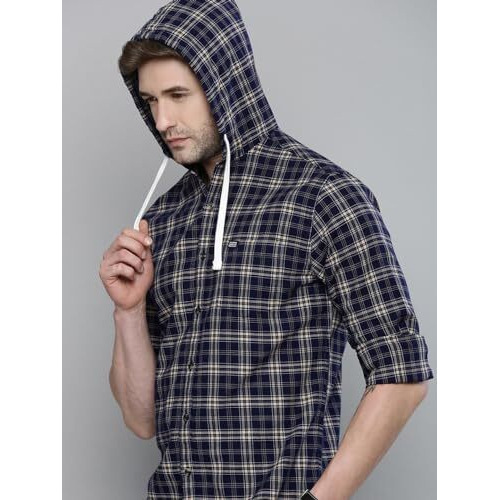 The Indian Garage Co Adult Men's Cotton Checkered Slim Fit Shirt (0620-Sh50-10_Navy_Blue L)