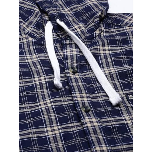 The Indian Garage Co Adult Men's Cotton Checkered Slim Fit Shirt (0620-Sh50-10_Navy_Blue L)