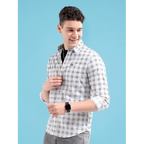 The Indian Garage Co Men's Checkered Slim Shirt (0620-Sh44-37_White Large)