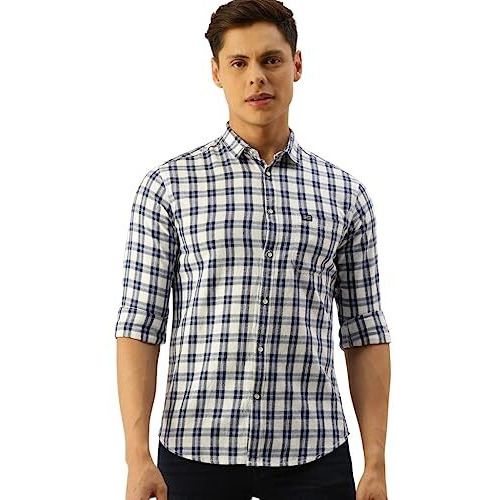 The Indian Garage Co Men's Checkered Slim Shirt (0620-Sh44-40_White Large)